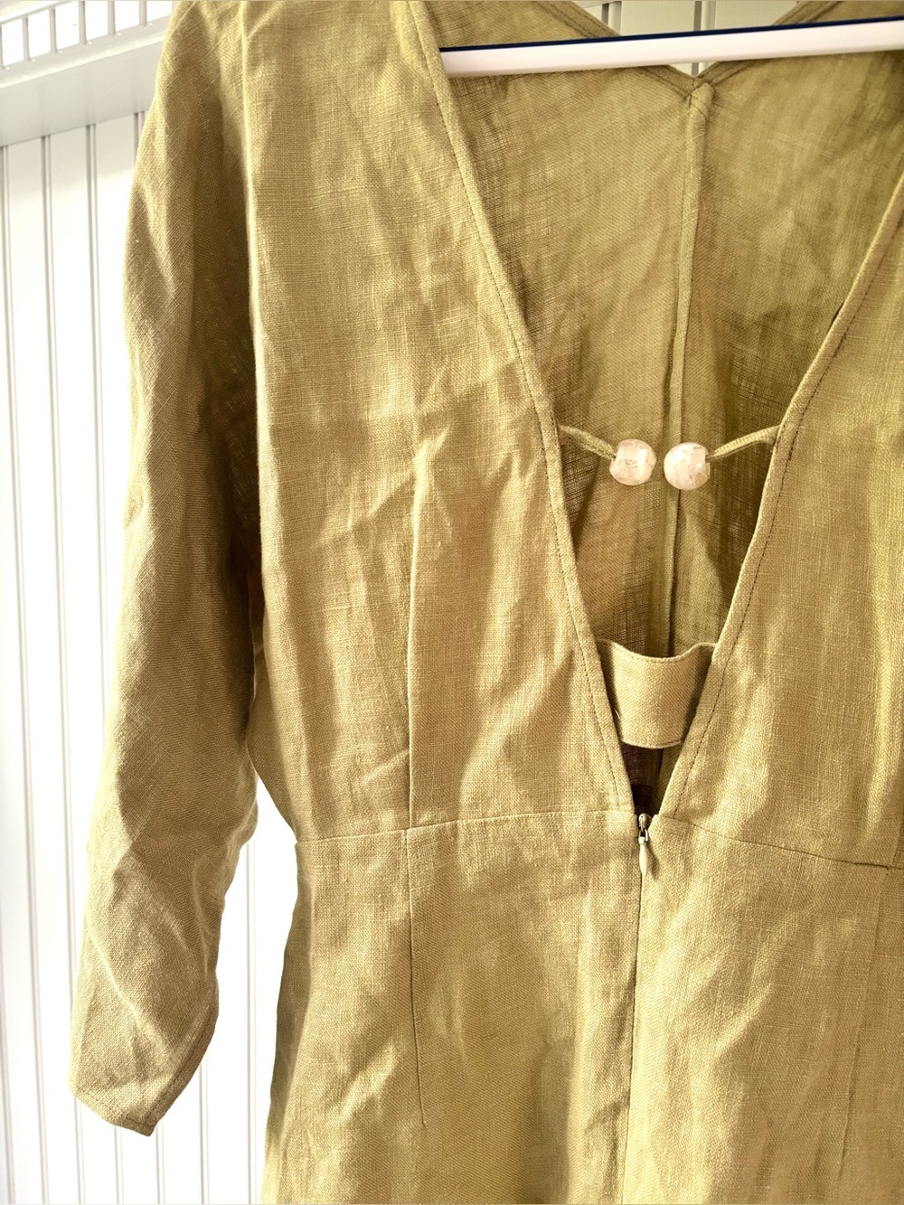 NOCTURNE 100% Linen Beaded Back Mini Dress Olive Green Women's S Quiet Luxury - Picture 9 of 14